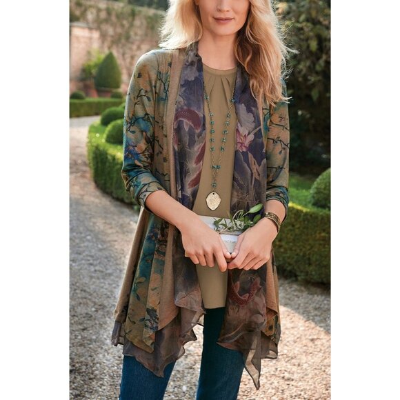 Soft Surroundings Tea Gardens 3/4 Sleeve Floral Layered Waterfall  Topper XL - Picture 2 of 10